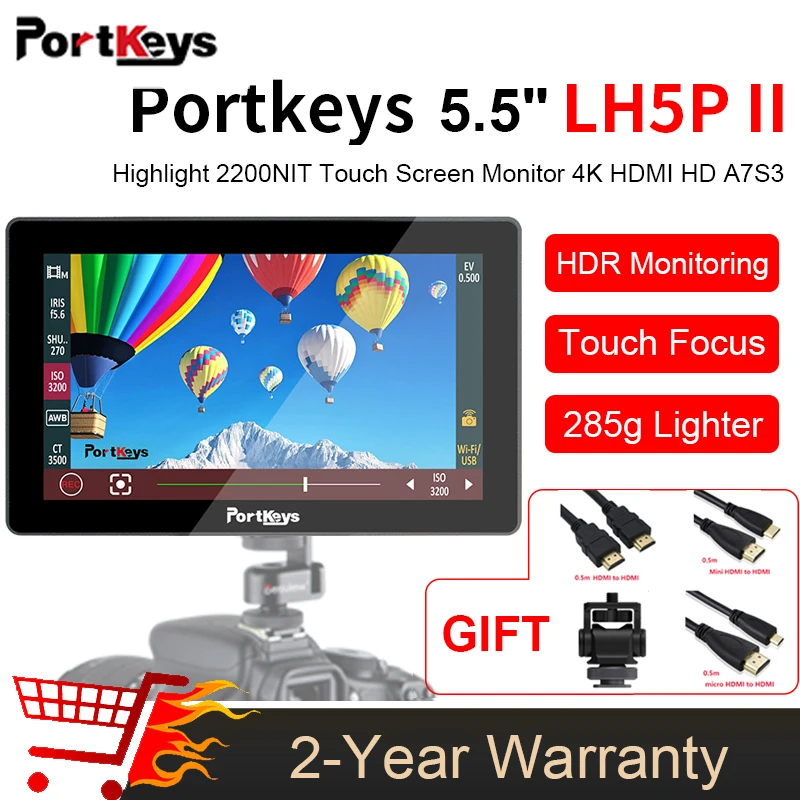 

Монитор с сенсорным экраном Portkeys LH5P II, 5,5 дюйма, 2200NIT, камера 4K, полевой монитор с Bluetooth модулем для записи клавиш Sony Pansonic