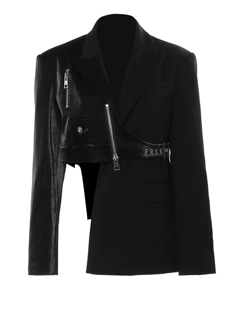 Women Black Irregular Pu Leather Blazer Newest Lapel Long Sleeve Loose Fit Jacket Fashion Tide Spring Autumn 2025 пиджак женский