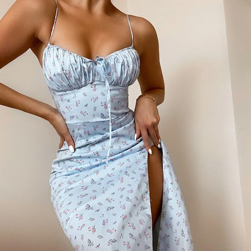 Elegant Sleeveless Sexy Backless Party Club Beach Tie Front Bandage Dress Summer Cottagecore Floral Print Maxi Dress for Women