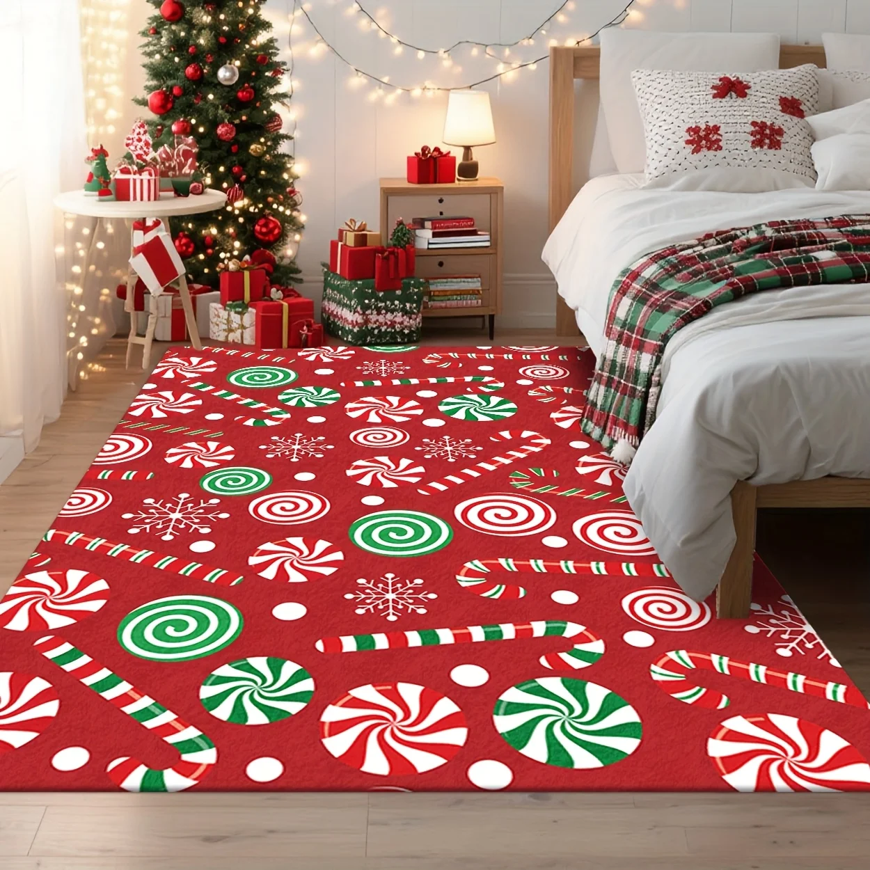 Christmas Candy Cane Peppermint Printed Area Rug, 2D Flat Design, Holiday Decor Floor Mat for Entryway, Living Room, Bedroom
