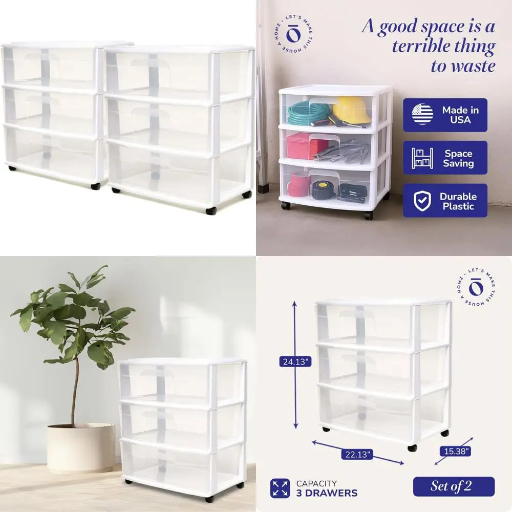 

3-уровневая широкая прозрачная пластиковая тележка-органайзер с колесами для ящика, белая рама — 2 шт., идеально подходит для дома и офиса O