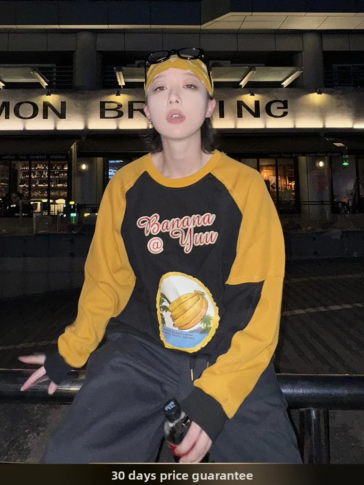 

American Retro Color Blo oulder Sve Hoodie Men's Spring New Casual Sportswear Top for Couple Youth Loose Fit round Ne