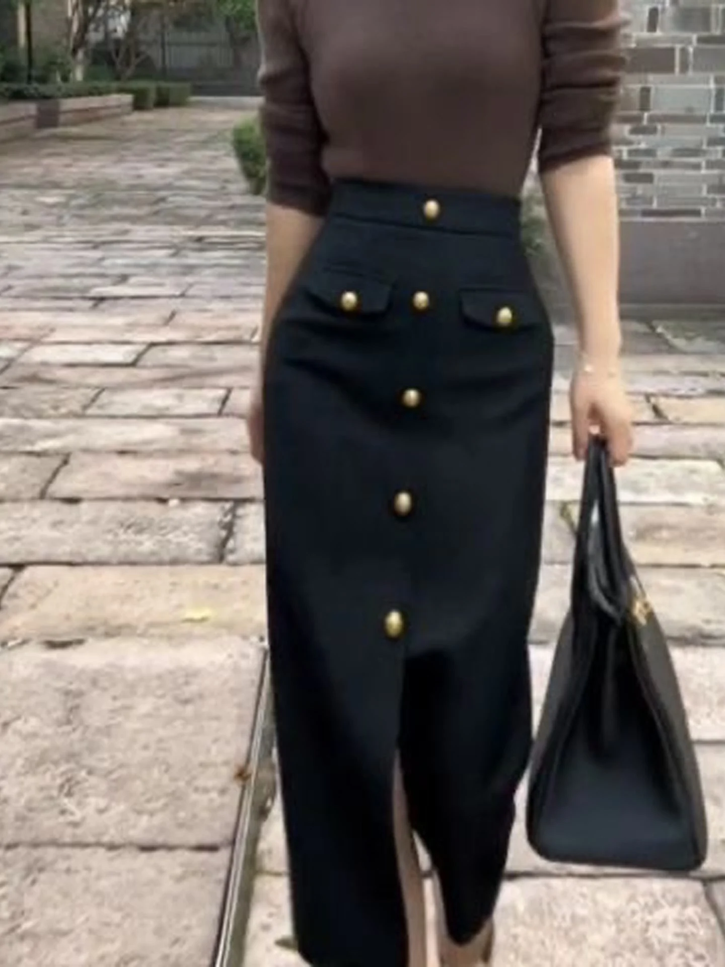 Fashionable Mature Black  Skirt Women's Autumn Winter New Single Button Design Slim Fit High Waist A-Line Skirt