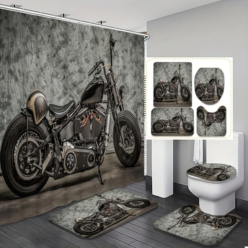 

4-Piece Vintage Motorcycle Pattern Shower Curtain Set - Waterproof Bathroom Decor, Toilet U-Shaped Complete Bathroom Accessories