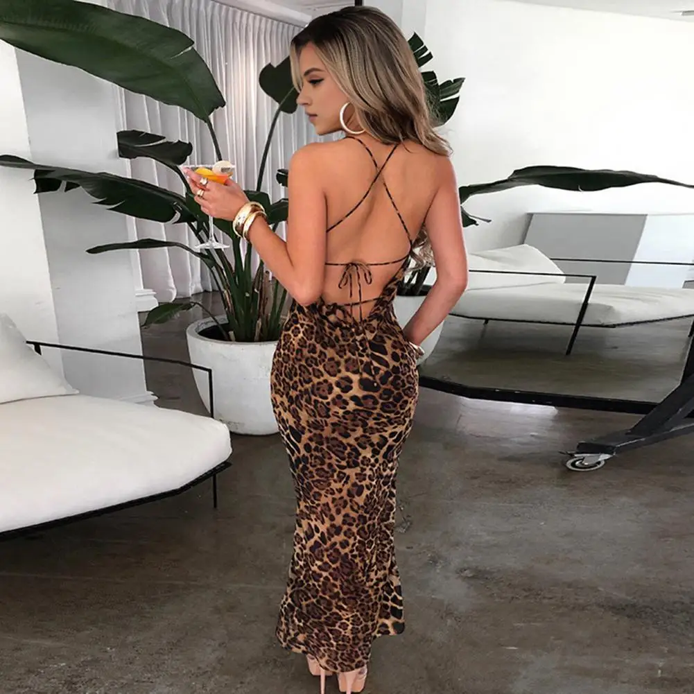 

Lightweight Dress Elegant Leopard Print Maxi Dress for Women Spaghetti Strap Backless Party Prom Sundress Slim Fit Off Shoulder