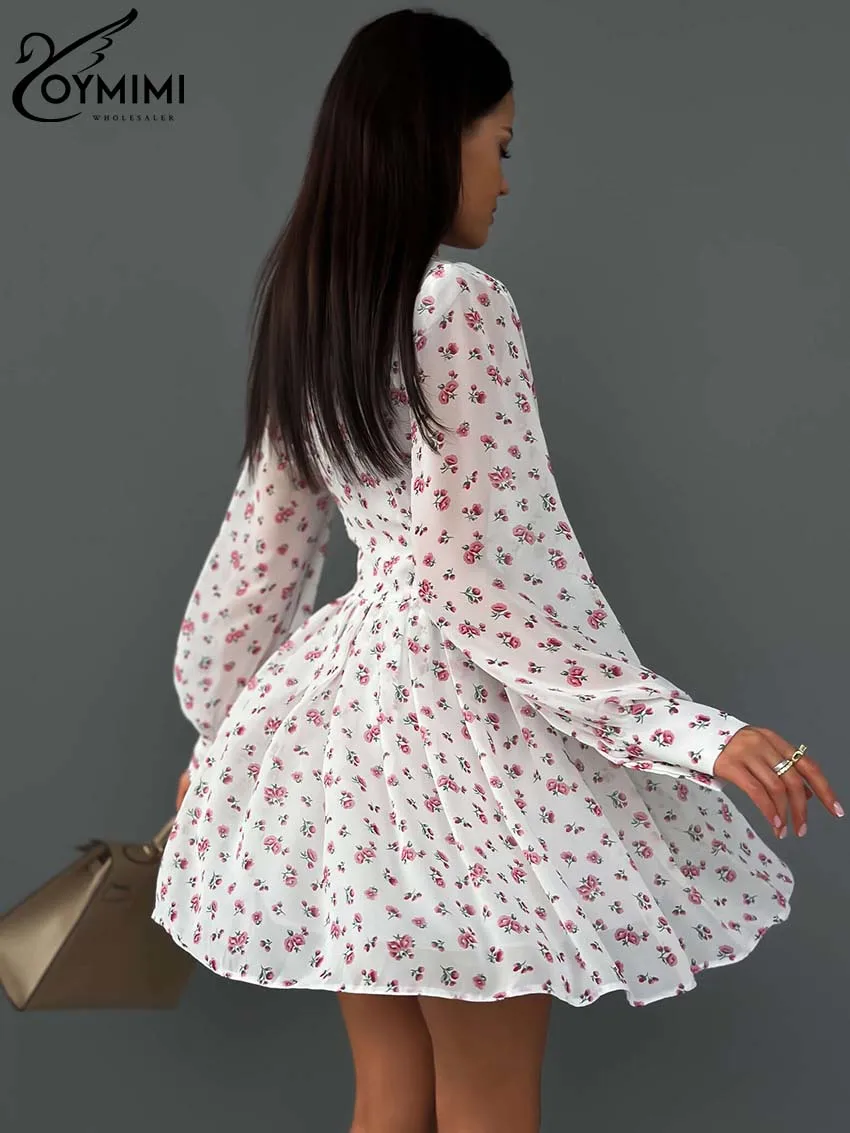 Oymimi-Mini robe plissée imprimée blanche pour femme, col en V profond, manches longues, streetwear décontracté, taille haute, mode élégante
