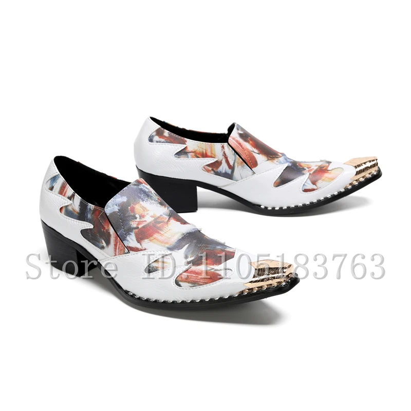 

Men's Luxury Graffiti Print Pointed Toe Heeled Loafers, Metal Cap Toe Slip-On Dress Shoesfashion Party Footwear