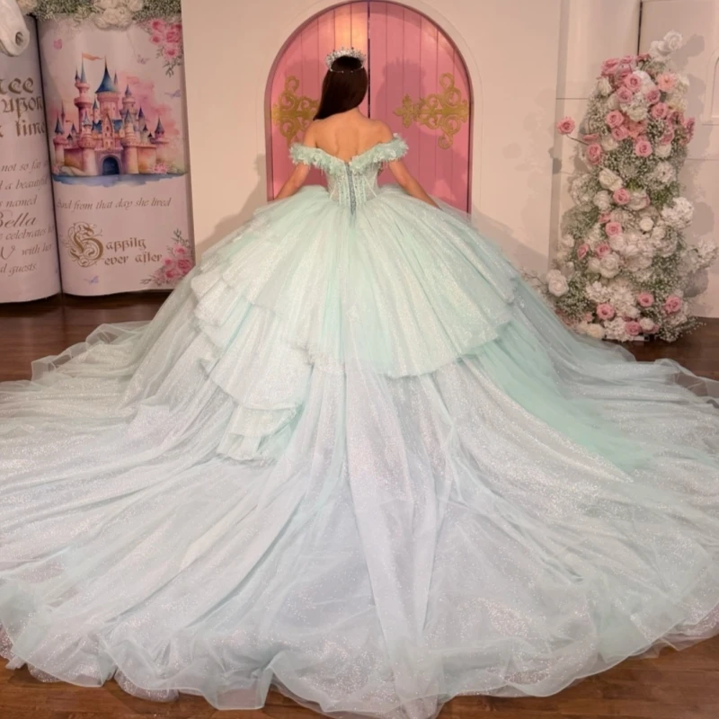 연한 녹색 반짝이는 퀸세네라 드레스 오프숄더 비딩 크리스탈 튤 파티 생일 스위트 16 드레스 베스티도스 15 아노스