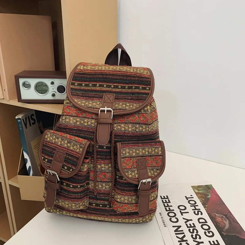 2024 New Female Ethnic Style Backpack Casual Plaid Drawstring Retro Women Large Capacity School Bag Drawstring Bucket Bag