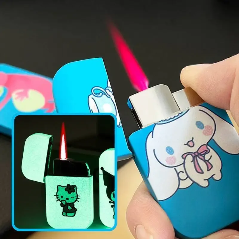 Luminous Hello Kitty Lighter Cartoon Kulomi Cute Net Red Girl High-value Blue Windproof KTV Bar Straight to Cigarette Lighter