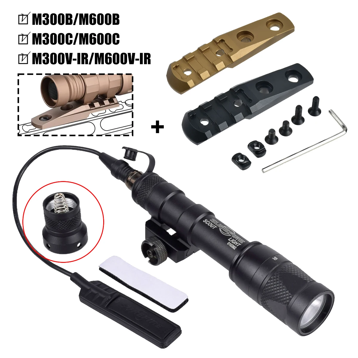 Tactical M-K Keymod Dual Interface Rail Base for SureFire M300B M600B M300V IR Flashlight Adapter Extended Scout Light Mount