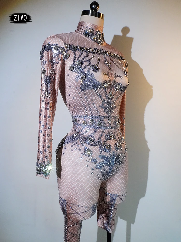 Mono con estampado de diamantes para mujer, ropa Sexy de manga larga para fiesta en club nocturno, ropa de cumpleaños, leotardo para celebración, baile en barra, espectáculo de Festival