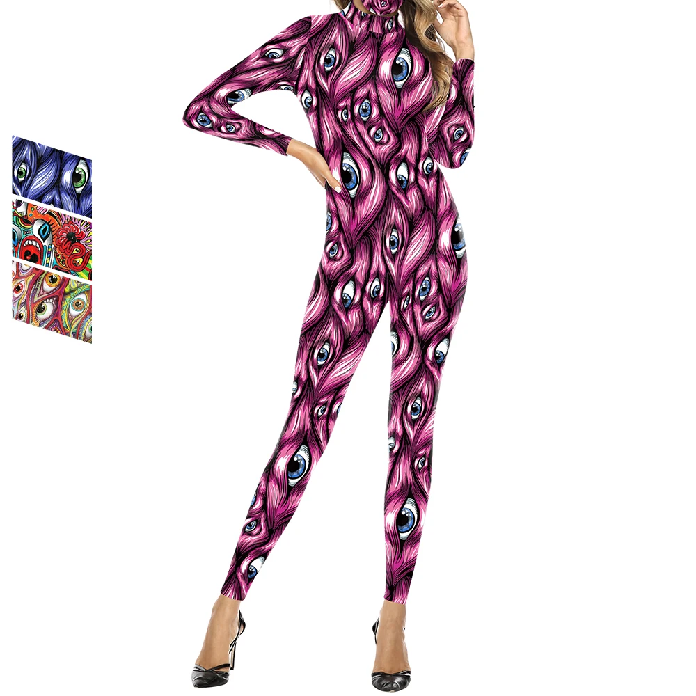 

Zawaland Halloween Jumpsuit Women Carnival Eye 3D Print Cosplay Costume Female Sexy Bodysuit Funny Holiday Party Onesie