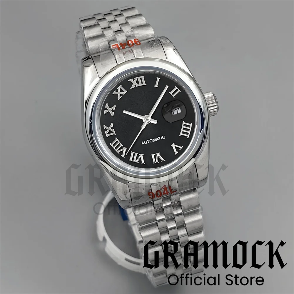 Gramock 31mm سيدة NH05 ساعة اليد الميكانيكية ماتي ساعة سوداء الهاتفي الرومانية الفضة/الذهب علامة مستديرة Beze lSteel الساعات للنساء