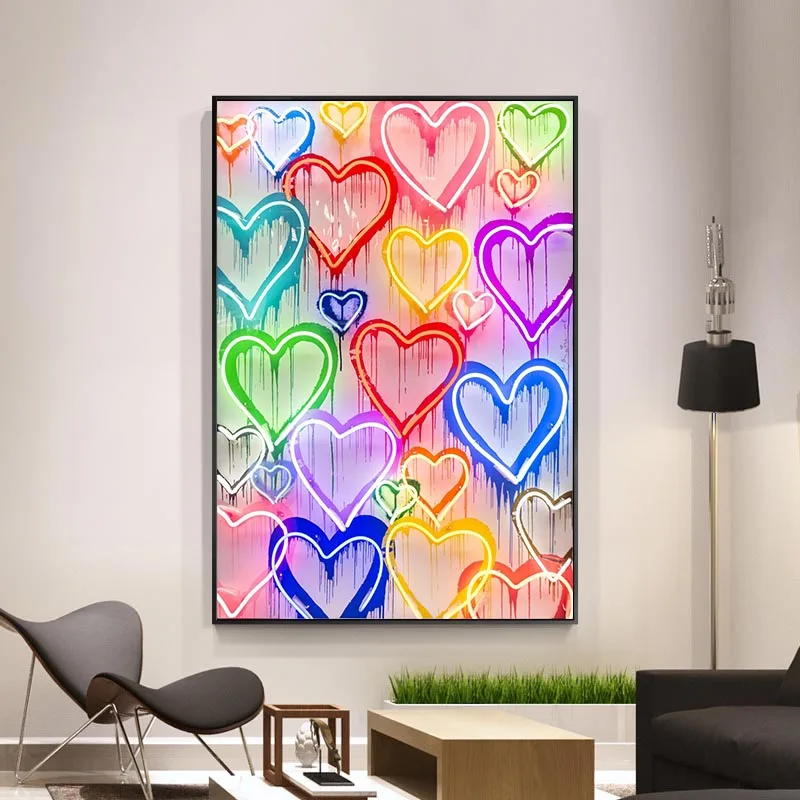 

Colorful Love Hearts Printed Canvas Painting Graffiti Poster Home Decor Painting Living Room Bedroom Wall Art Mural Frameless