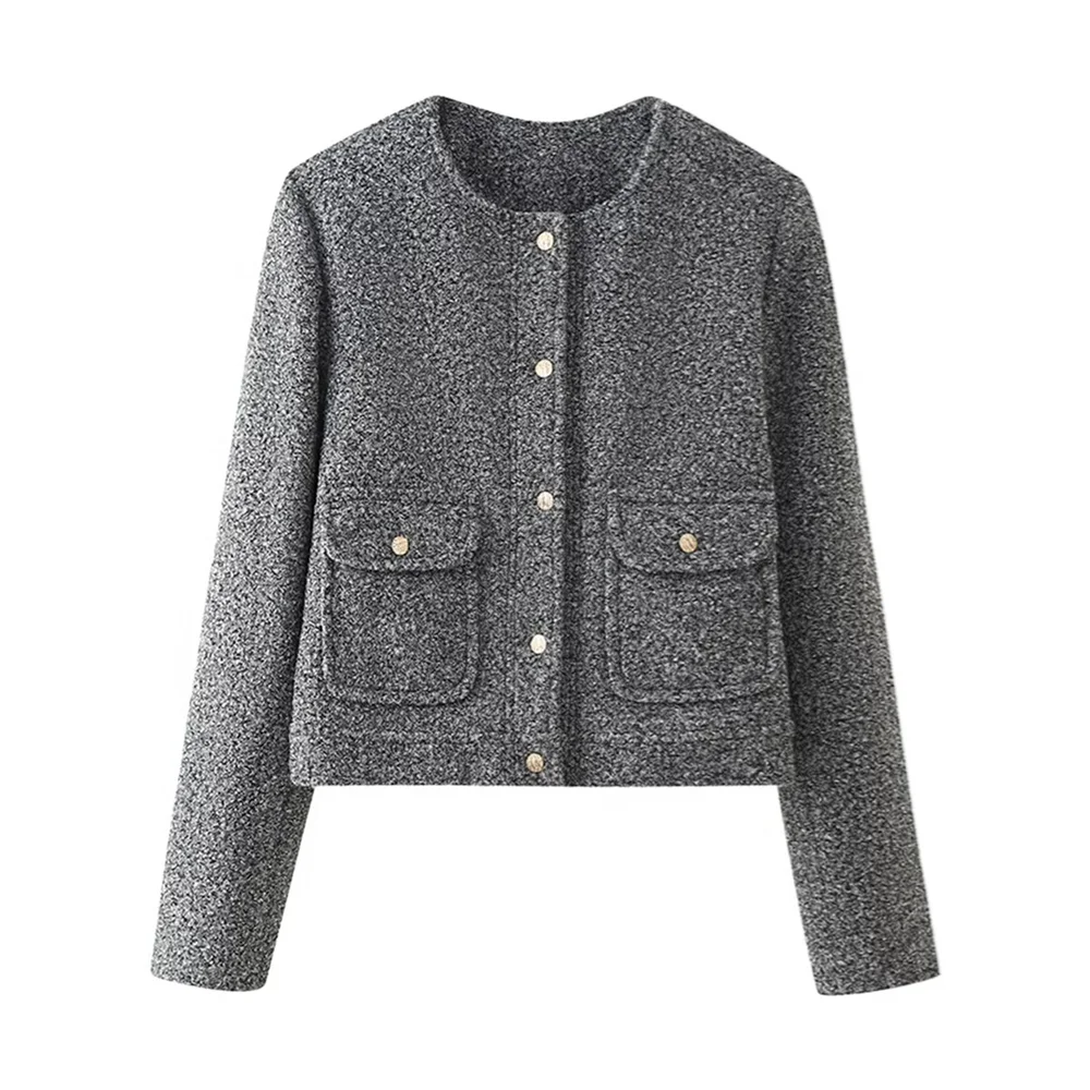 

BM&MD&ZA 2024 Autumn New Women's Commuter Versatile Simple Pearl Leather Round Neck Long Sleeve Short Jacket