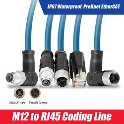 M12 8Pin X-Type to RJ45 Ethernet Cord Elbow Right Angle 4Pin A-Code D-Coding Male Female Head to RJ45 Connector Drag Chain Cable