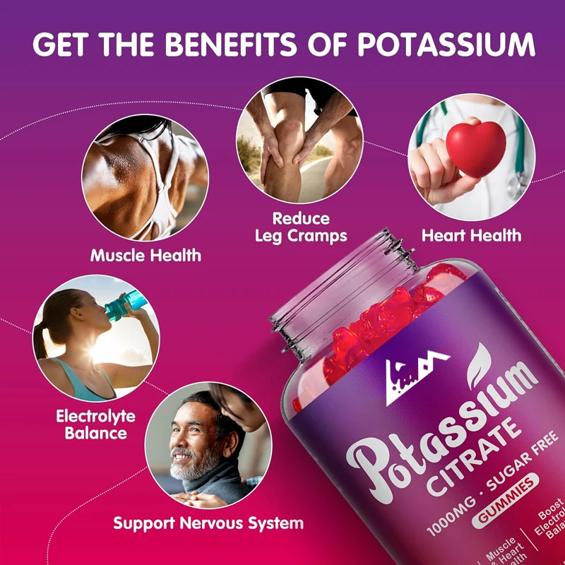 1000mg potassium citrate gummies, a potassium supplement for adult men and women, support leg spasms and muscle health