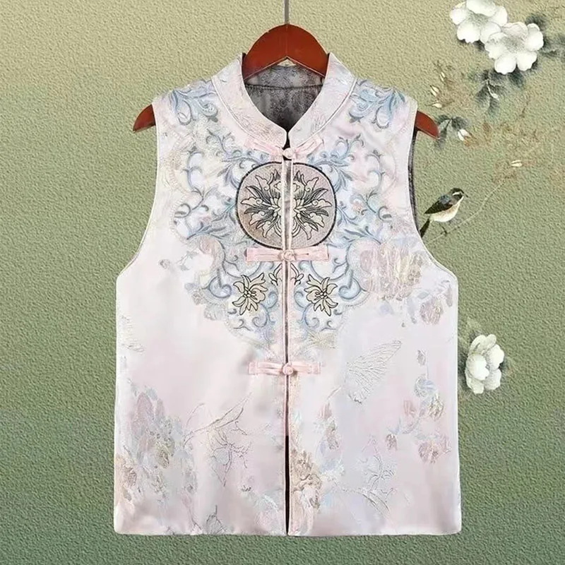 

Chinese Style Tang Coat Buckle Vest Jacket Women's 2024 Spring National Vintage Waistcoat Lady Embroidered Vest Sleeveless Top