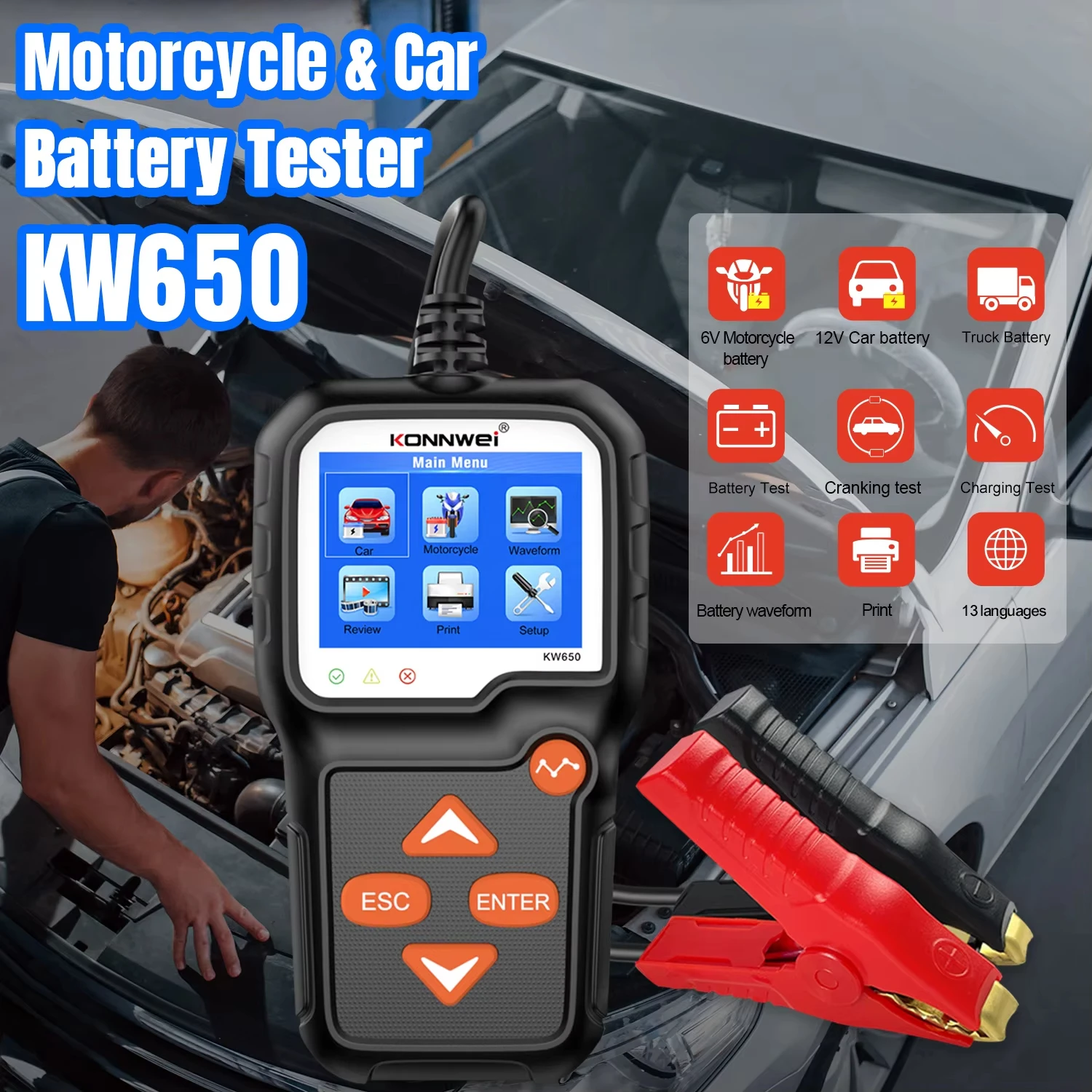 KONNWEI KW650 Car Battery Tester 12V 6V  Motorcycle Battery System Analyzer 2000CCA Charging Cranking Test Diagnostic Scan Tools