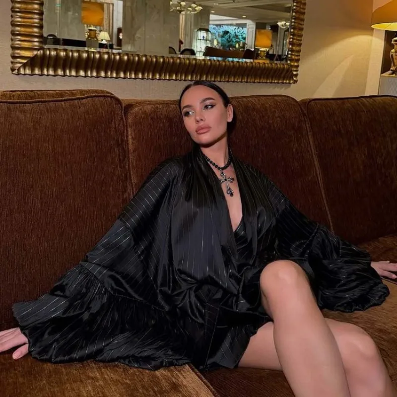 Elegant Women Stripe Satin A-line Dress Y2K Loose Long Lantern Sleeve V Neck Lace Up Luxury Celebrity Cocktail Mini Dress