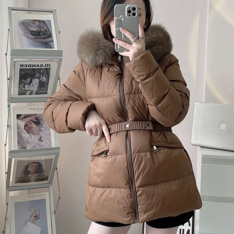 Women\'s Down Jacket Winter New Puffer Coats Simple Slim Waistband Outerwears Large Fur Collar Thick Warm Mid-length Down Coats