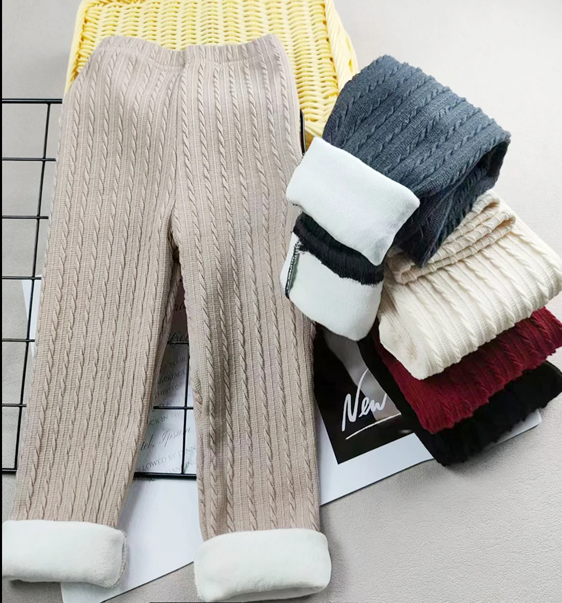 Children's Pants Girls' Plush Pants knitted Jacquard Autumn And Winter Warm Leggings Tight Pants