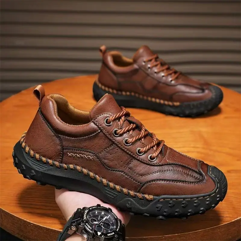 

Мужские кожаные ботинки на шнуровке больших размеров для активного отдыха, весенне-осенние, с мягкой подошвой, нескользящие, повседневные спортивные ботинки, обувь для скалолазания.