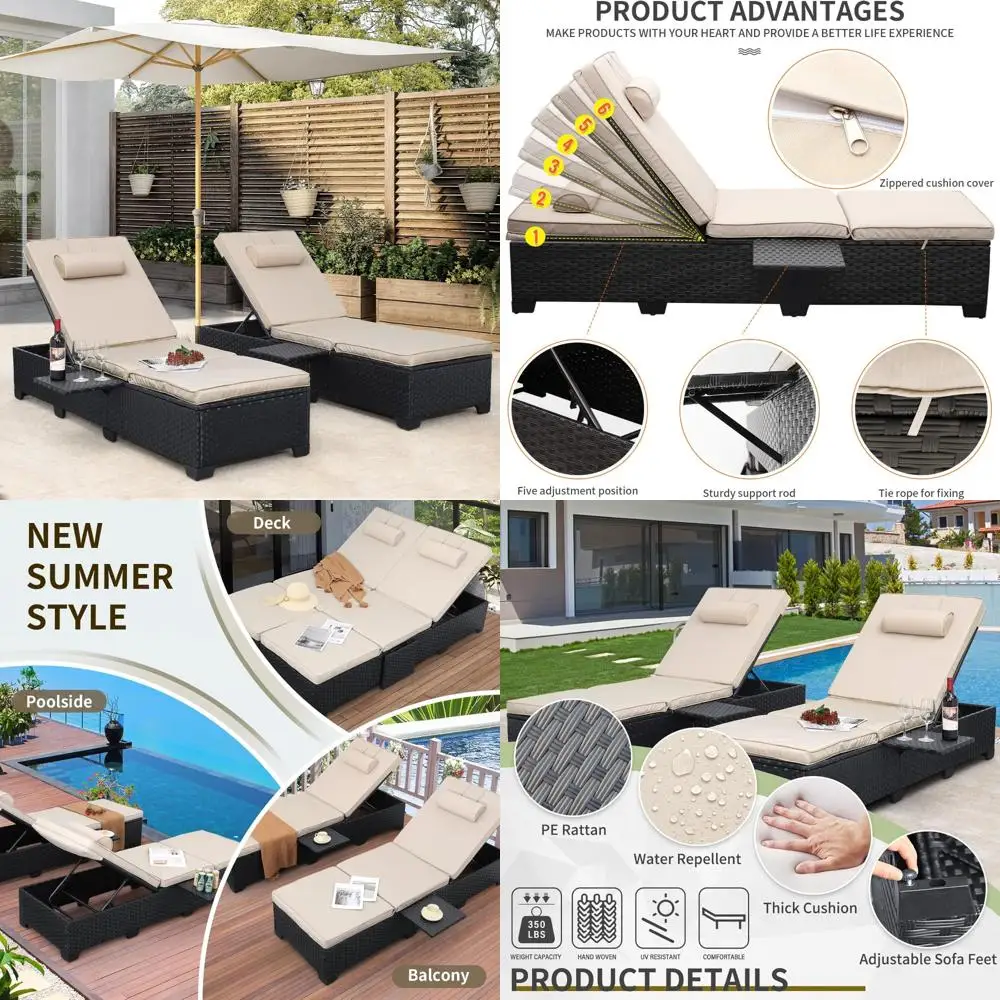 

Patio Chaise Lounge Chairs Set of 2, Outdoor Wicker Recliner, Black Rattan Reclining Pool Sunbathing Furniture