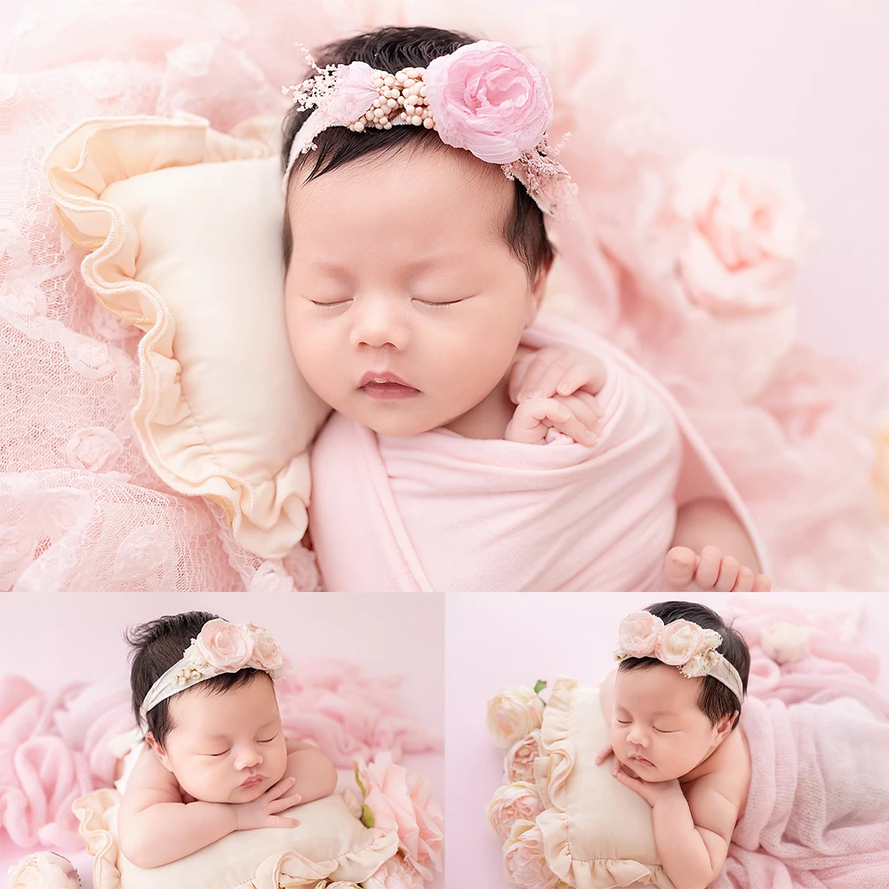 

Cute Pink Newborn Photography Props Kit Flower Headband Lace Blanket Knit Bow Hat Photo Studio Baby Girl Shooting Props Supplies