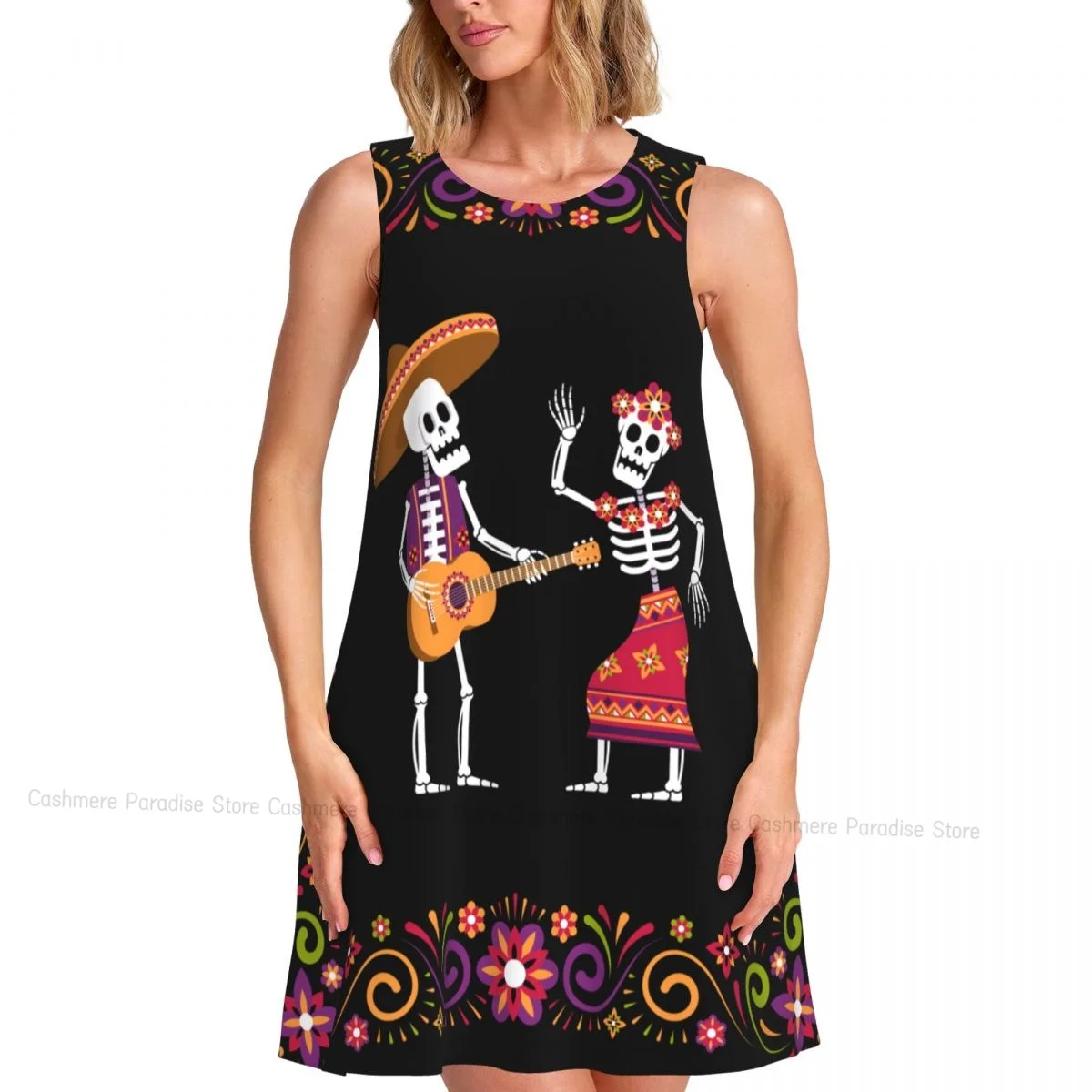 Damenkleid Skelette mit Rosen Tag der Toten Sommer Casual T-Shirt Kleider Strand Cover Up Tank Kleid