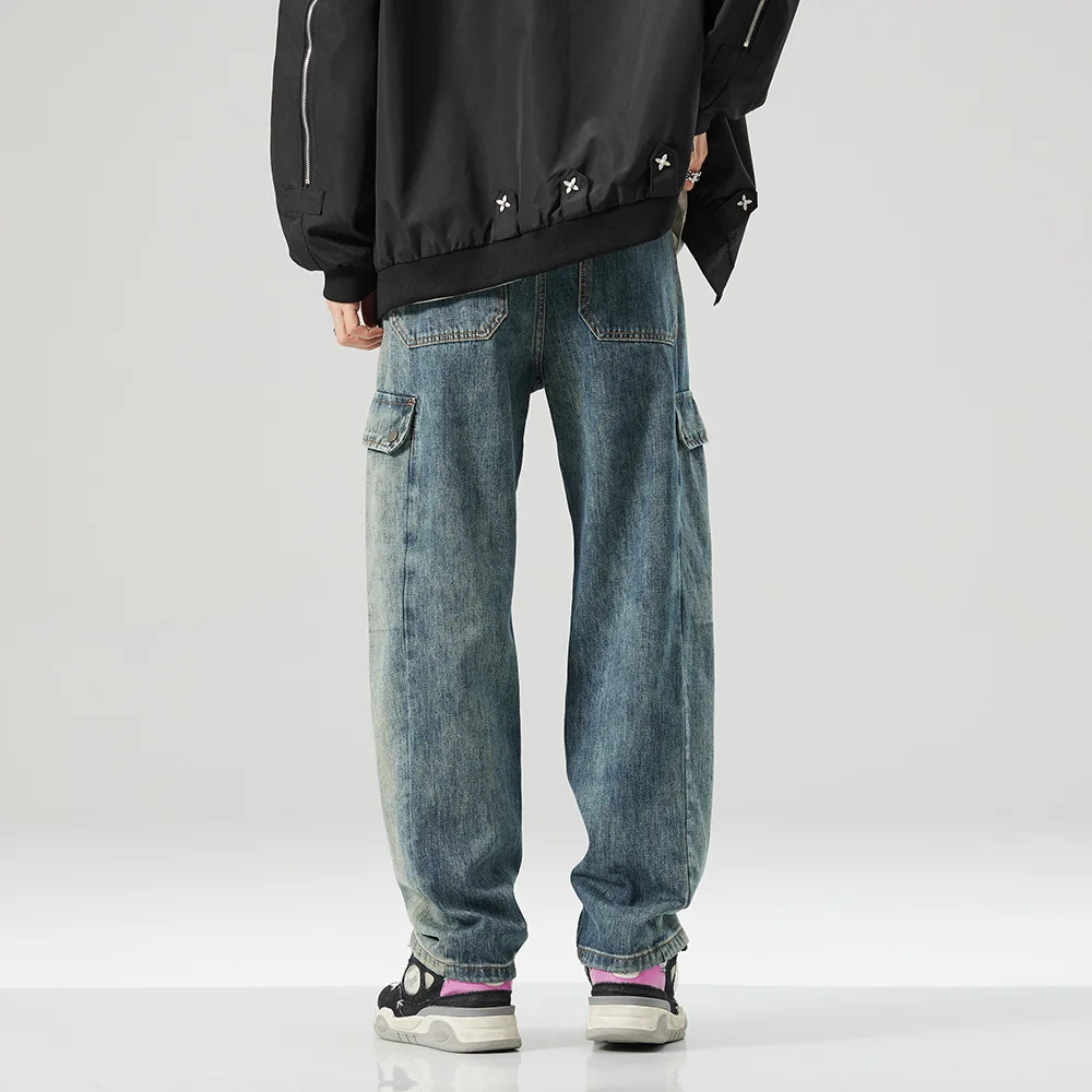 High quality long straight cargo jeans for men plus size cotton denim casual vintage trousers new 2024 clothing - blue