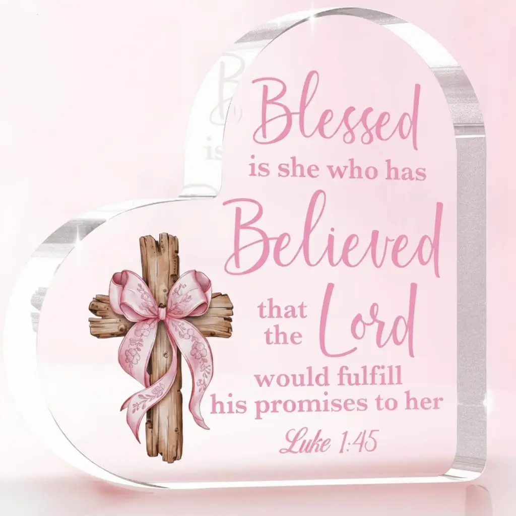 Blessed Is She Who Has Believed Heart Acrylic Plaque, Wooden Cross Pink Ribbon Luke 1:45 Bible Verse Faith Desk Keepsake Gift