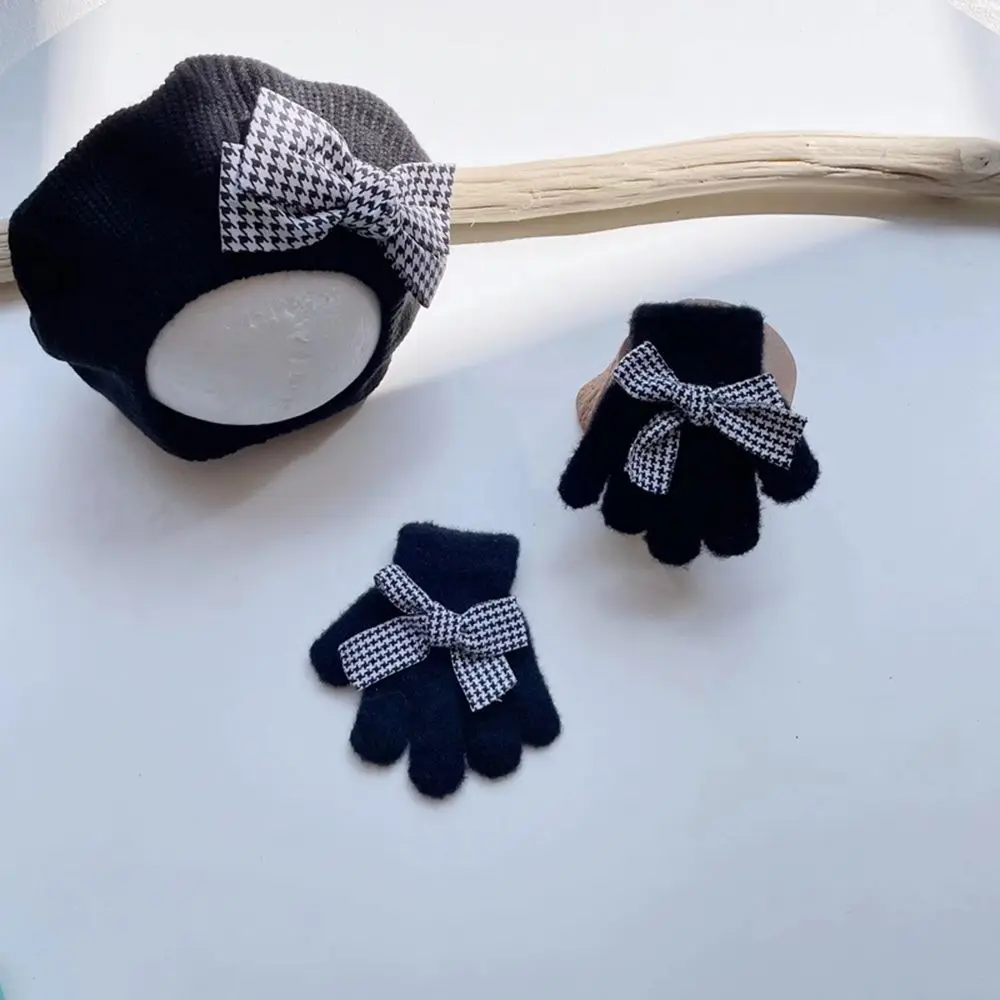 الشتاء رشاقته متماسكة قبعة الكورية نمط قبعة الصوفية الرسام قبعة houndstooth و قفازات الأطفال قبعات فتاة القبعات القوس