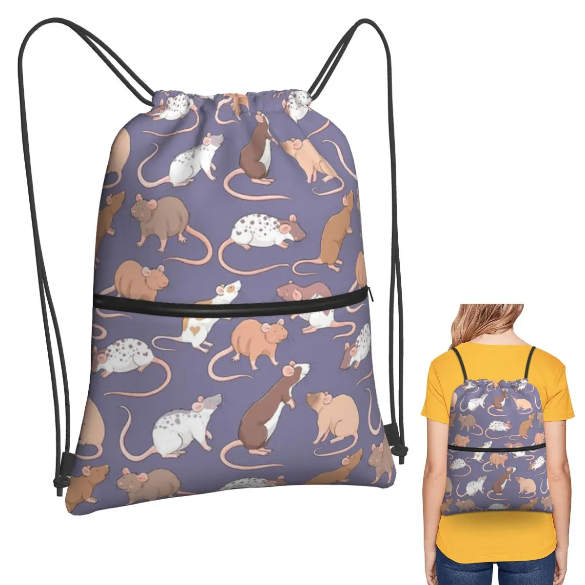 

Cute Rattie Rats Against A Slate Grey Background By Whimsicolourart Backpacks Drawstring Bundle Pocket Sports Bag Book Bags