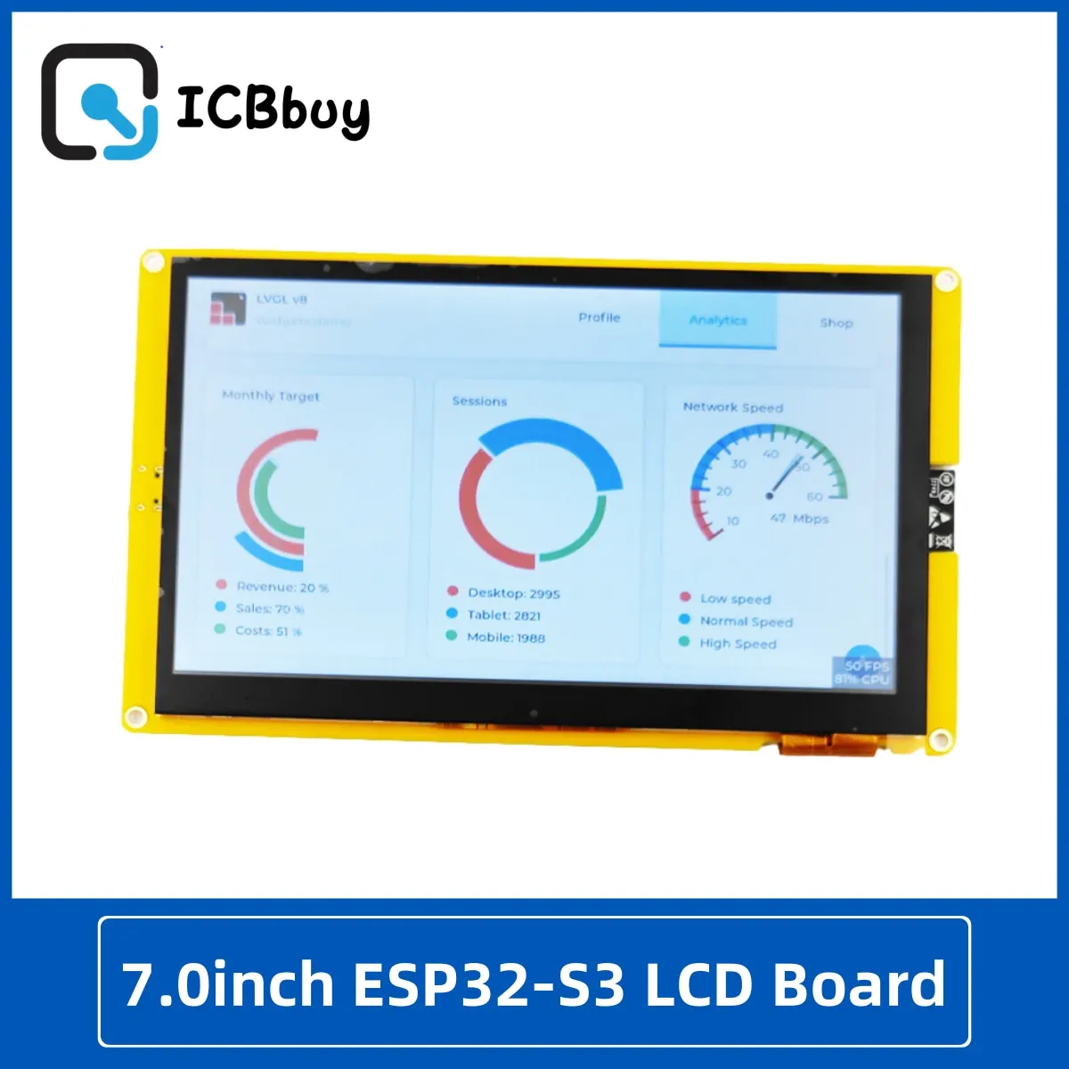 Esp32-s3 7,0 inch rgb lcd tft modul hmi 8m psram 16m flash arduino lvgl wifi & bluetooth 7 "800*480