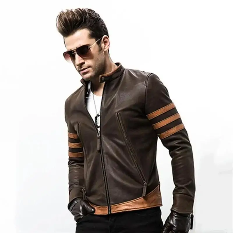 High-end Brand Men\'s Zipper Leather Jacket Wolverine Slim Fit Short Coat Retro Locomotive Logan Bomber PU Leather Jacket 5XL-M