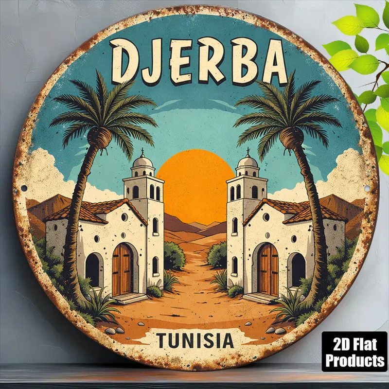 2D Flat,1pc Suitable for Tunisia-Themed Decor Round Sign - Vintage Djerba Tunisia Wall Plaque, African Travel Souvenir for, Cafe