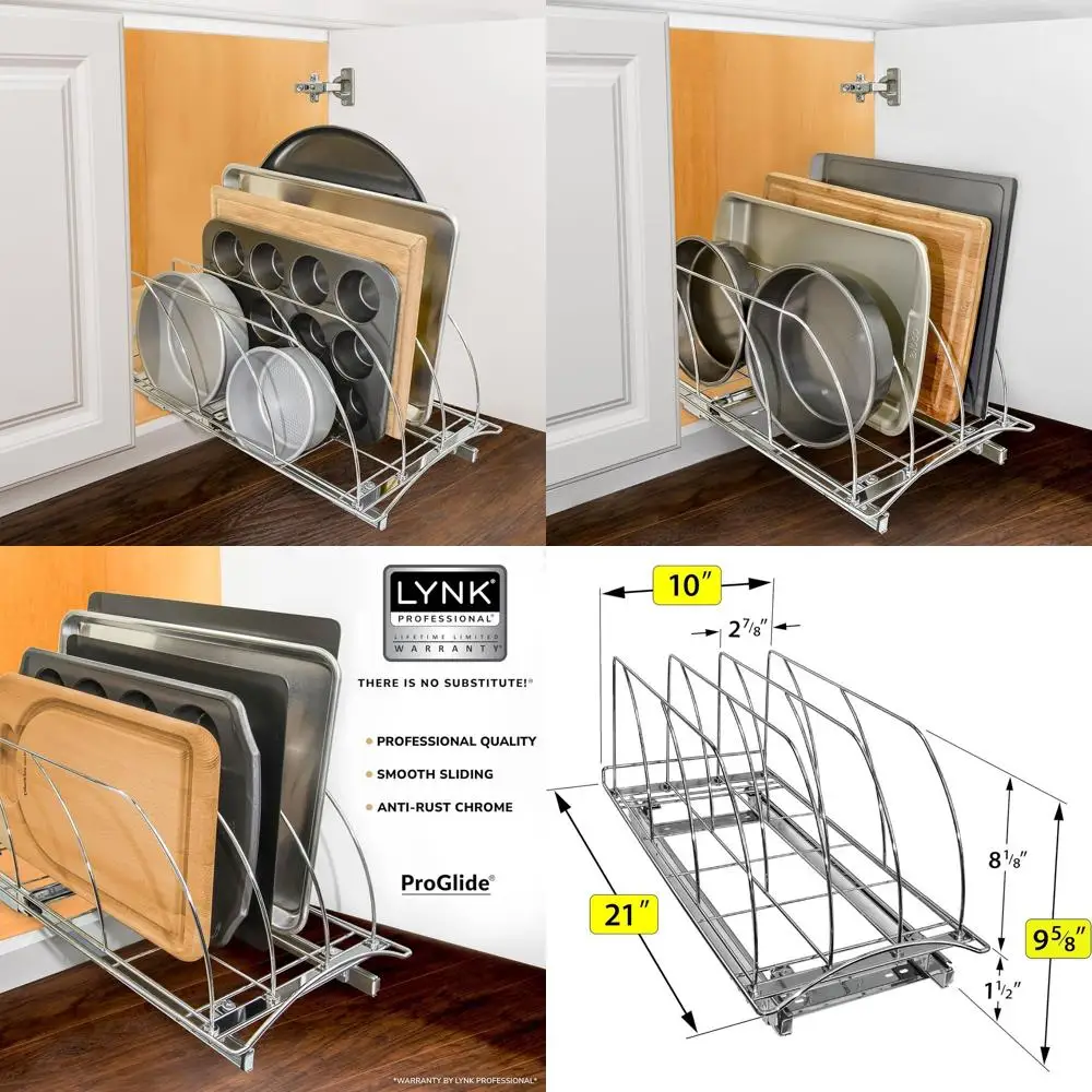 

Slide-Out Kitchen Storage Organizer for Cutting Boards, Cookie Sheets, and Baking Pans - 10x21 Deep, Chrome, Lifetime Warranty