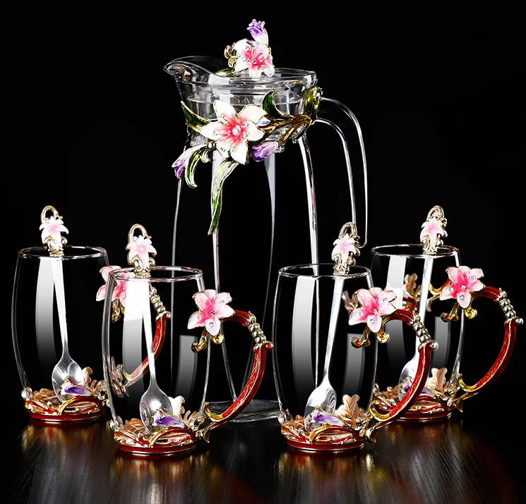 wholesale gift cup with enamel flower tea coffee drink water clear glass cup set with metal handle in china