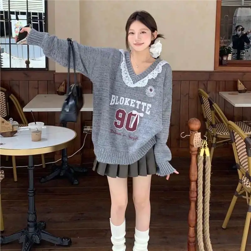 Lazy Retro Lace Patchwork Autumn and Winter Sweater Loose 2024 Knitted Sweater New Letter Jacquard Top