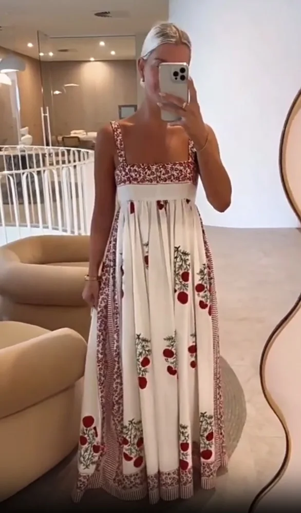 Square Neck Splice Floral Print Swing Maxi Cami Dress For Women Summer Backless Off Shoulder Sling Dress Vacation Beach Vestidos