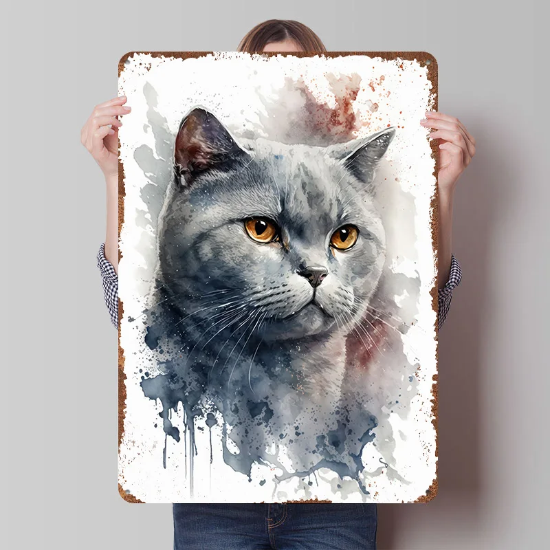 British Shorthair Cat Art Printed Poster Customized Wall Art Retro Vintage Metal Tin Signs for Home Office Decor Room Decoration