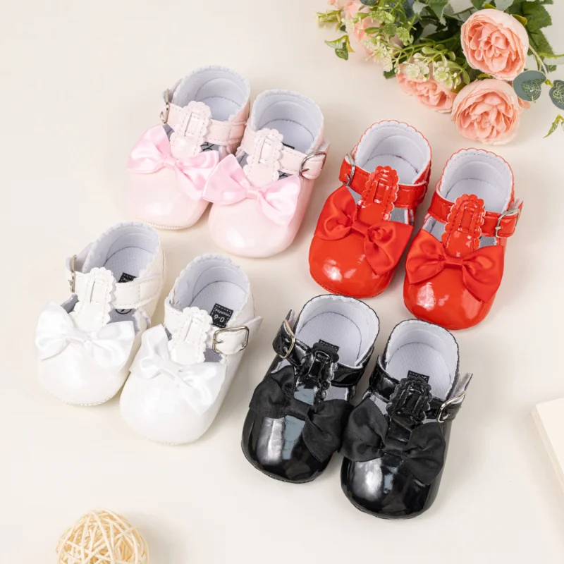

Newborn Girls Baby Bow PU Soft Soles Versatile Princess Shoes Classic Girls Baby Multi-color Non-slip Lightweight Toddler Shoe