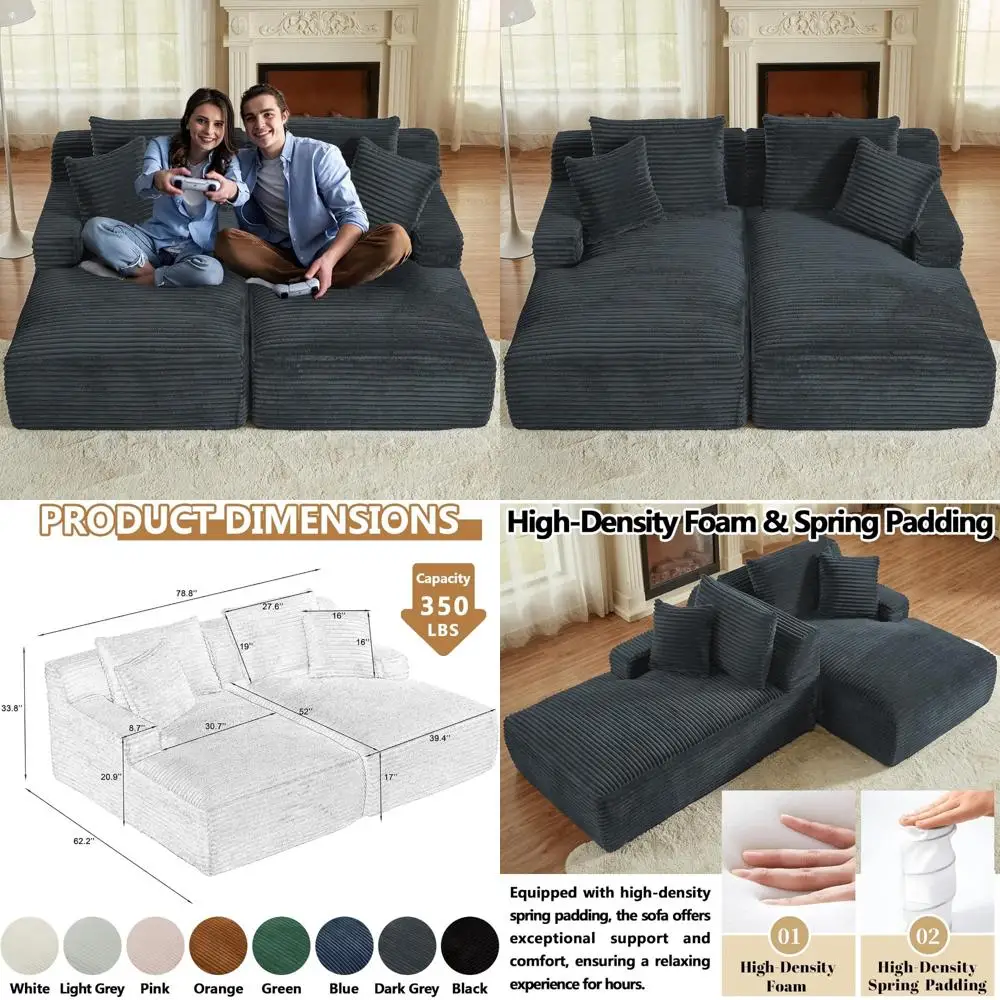 

Oversized Plush Corduroy Double Chaise Lounge Chair with Armrests and Pillows, Indoor Sofa Bed for Comfortable Relaxation