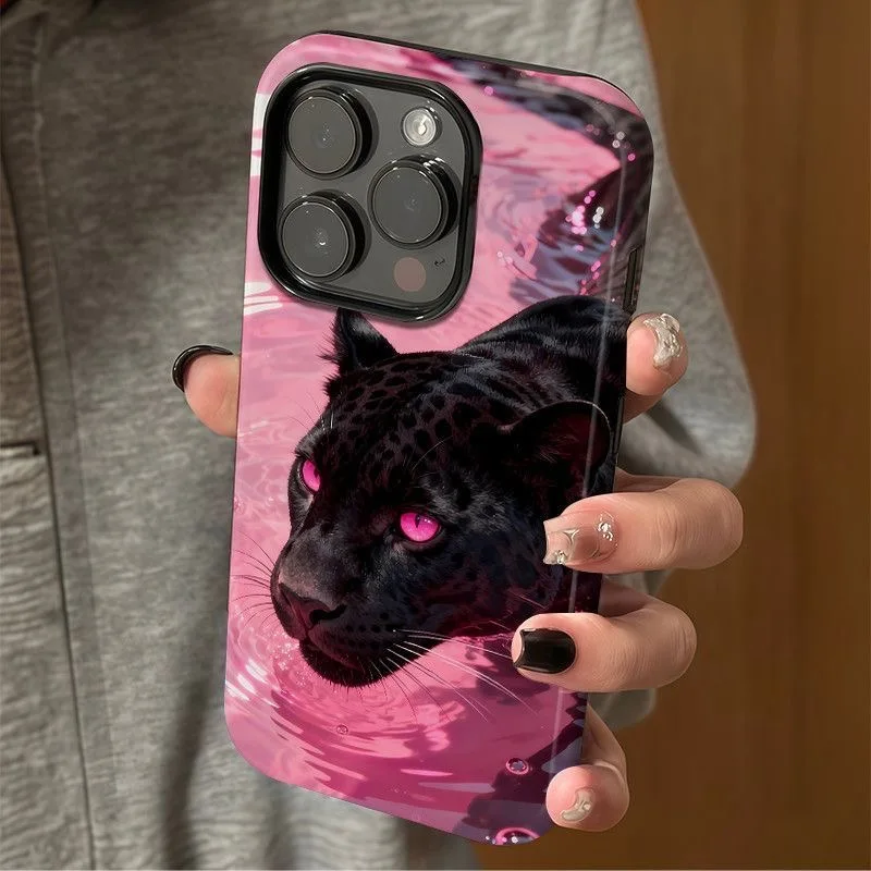 Яркий противоударный чехол для iPhone 17 16 15 14 13 12 11 Pro Max Plus с смелым принтом «Розовая и черная пантера»