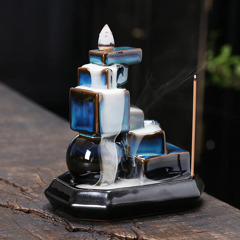 Square Round Type Ceramic Handicrafts Blue Waterfall Backflow Incense Stick Holder Censer Home Ornament