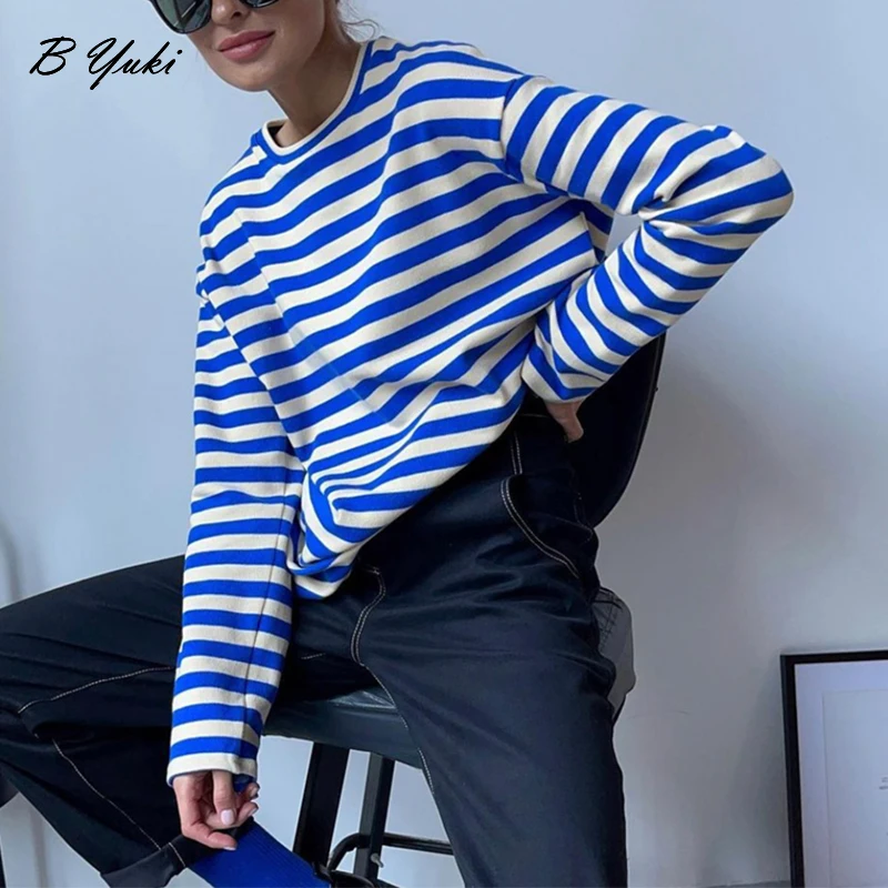 Blessyuki Loose Striped T-shirt Women 2023 Spring Autumn Casual Long Sleeve Cotton Vintage Tees Female Gothic Soft Basic Tops