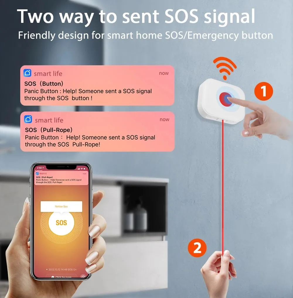 Wolf Guard WiFi Tuya SOS-knop Gezondheidswaarschuwingssystemen Persoonlijk alarm Beveiliging Waterdicht met trekkoord voor gehandicapten ouder kind