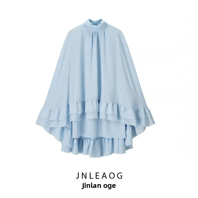 

JNLEAOG, осенний новый женский модный дизайн, воротник-стойка Bell Sve, деревянный звук Dr, повседневный свободный длинный волокно из полиэфирного волокна...